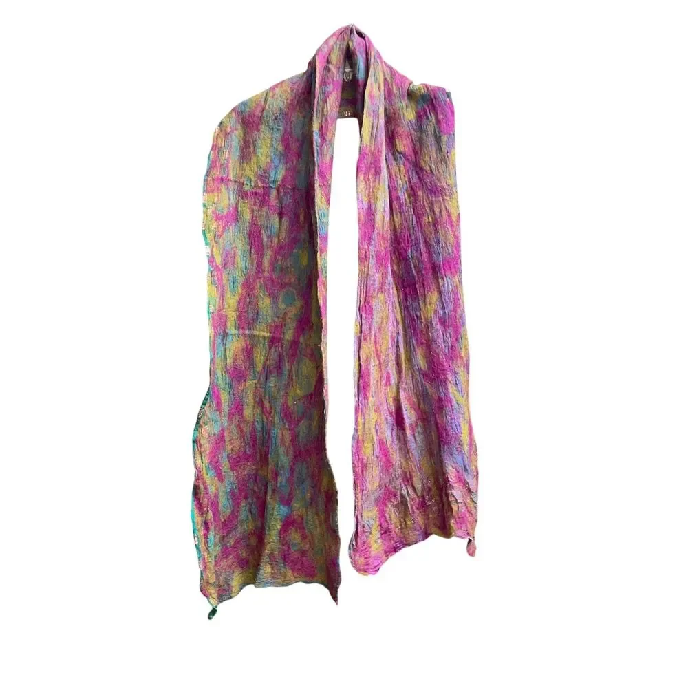 Hand-Felted Lagenlook Wool & Silk Green Multi Color Shawl Scarf Art to Wear